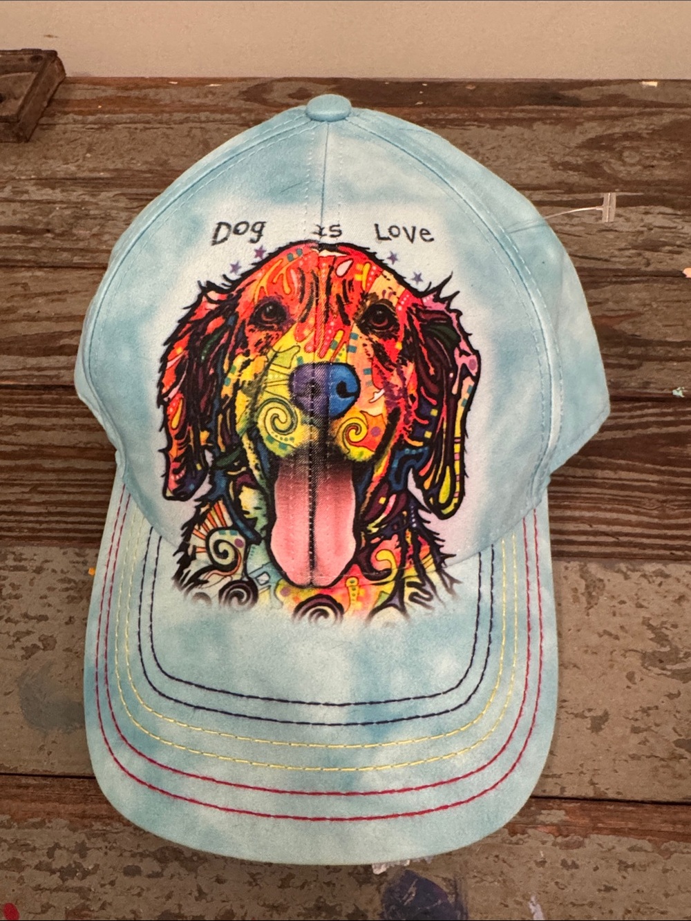 The Mountain Light Blue Baseball Cap with Vibrant Multicolor Golden Dog Art